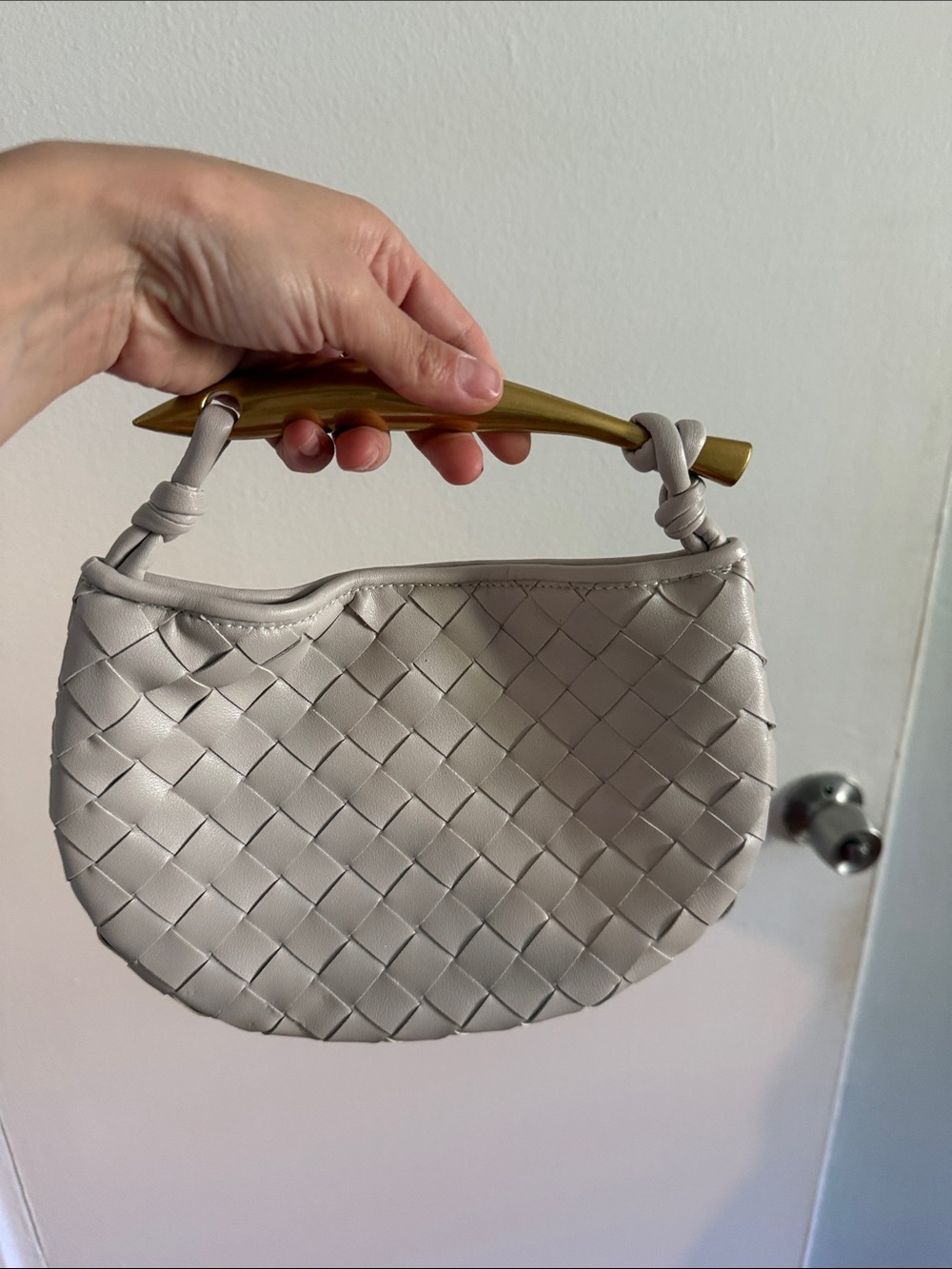 Woven Crescent Handbag in Light Gray - Designer-Inspired